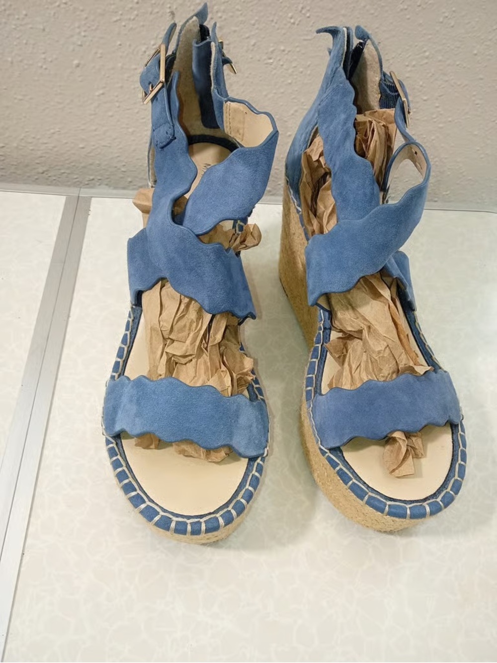 Time and Tru Blue Scalloped Suede Espadrille Wedge Sandals